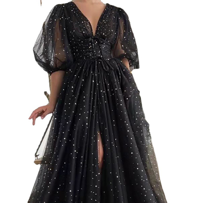Amazon comercio exterior Europa y América vestido de noche 2026 brillante burbuja manga sexy V profundo vestido de fiesta image 5