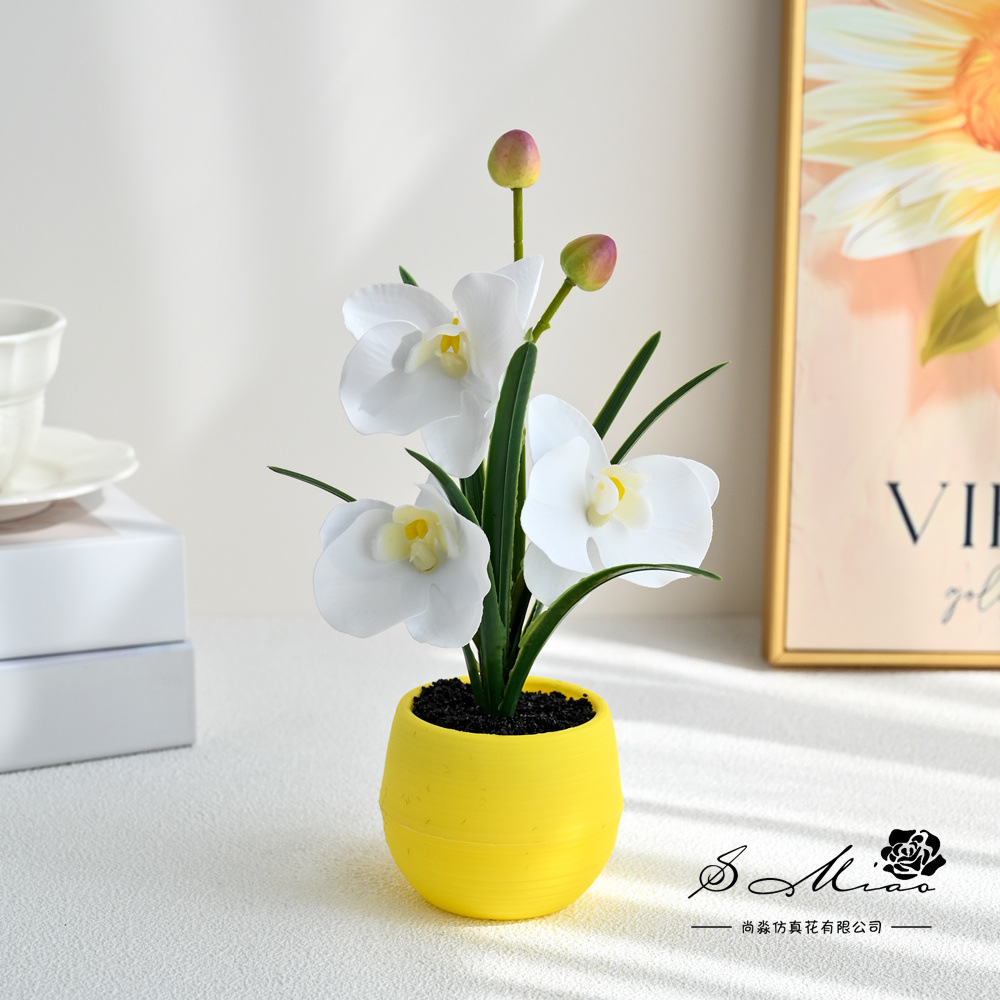 Tres flores y dos frutas pequeñas orquídeas mariposa bonsai imitación maceta flores falsas decoración del hogar fotografía flores artificiales decoración floral de boda