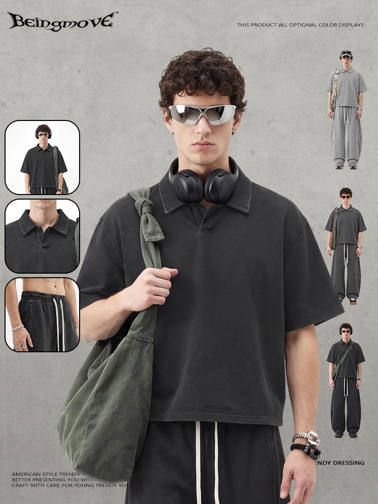 Calle secada| Nuevo estilo americano cuello de polo callejero mangas cortas macheta retro pantalones rectos trajes deportivos casuales