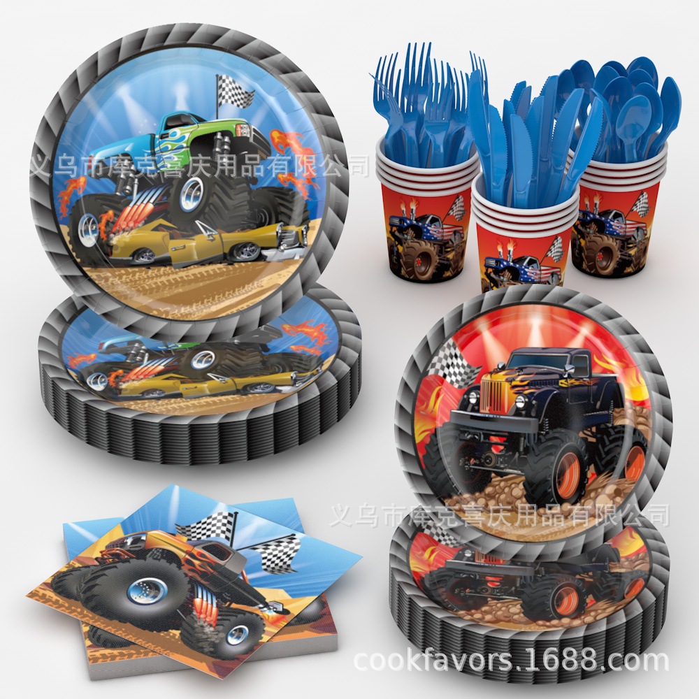 Camión cross-border tema de fiesta decoración niño cumpleaños bandeja de papel desechable tazas de papel toallas de papel set de cubiertos