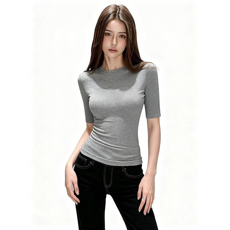 Ahsl-230G Ice Silk Ribbed Waist-Cinching Mid-Sleeve Shirt, New Summer Style, Regular Shoulder Fit, No Returns or Exchanges Allowed Ahsl-230G Ice Silk Ribbed Waist-Cinching Mid-Sleeve Shirt, New Summer Style, Regular Shoulder Fit, No Returns or Exchanges Allowed