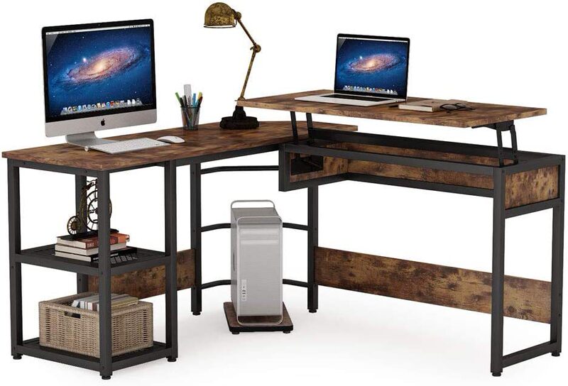 Desktop Liftable Height Table Workstation L-Shaped Desk Modern Sit-To-Stand Corner Computer Desk Storage Rack