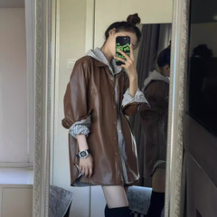 美式复古辣妹服夹克外套女设计感酷飒风皮衣条纹衬衫两件套