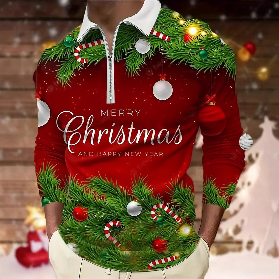 Moda Navidad serie 3D impresión digital hombre suelto transpirable solapa cremallera camisa POLO en stock