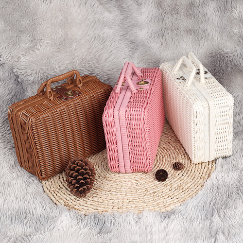 Cosmetics Organizing Wicker Box Retro Props Wicker Handbag Souvenir Box Solid PP Woven Wicker Storage Box 