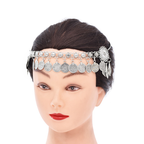 Vintage Kazakh coin headpiece, ethnic alloy tassel forehead chain, ancient-style hair accessory necklace, two-in-one accessory