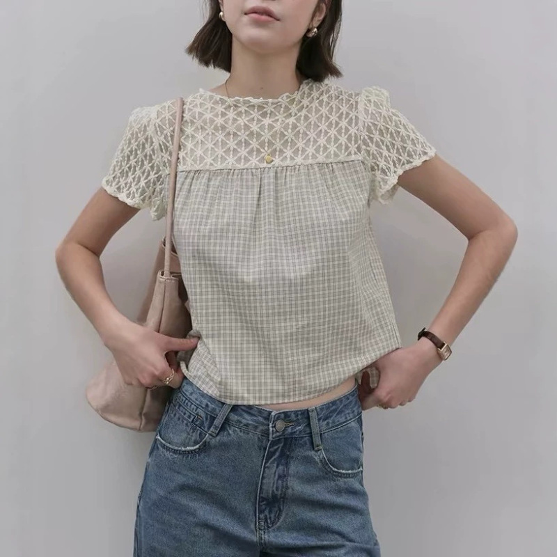 "Mustard Pie" Lace Patchwork Plaid Hollow-Out Shirt for Women, New Summer Style, Versatile Round-Neck Top