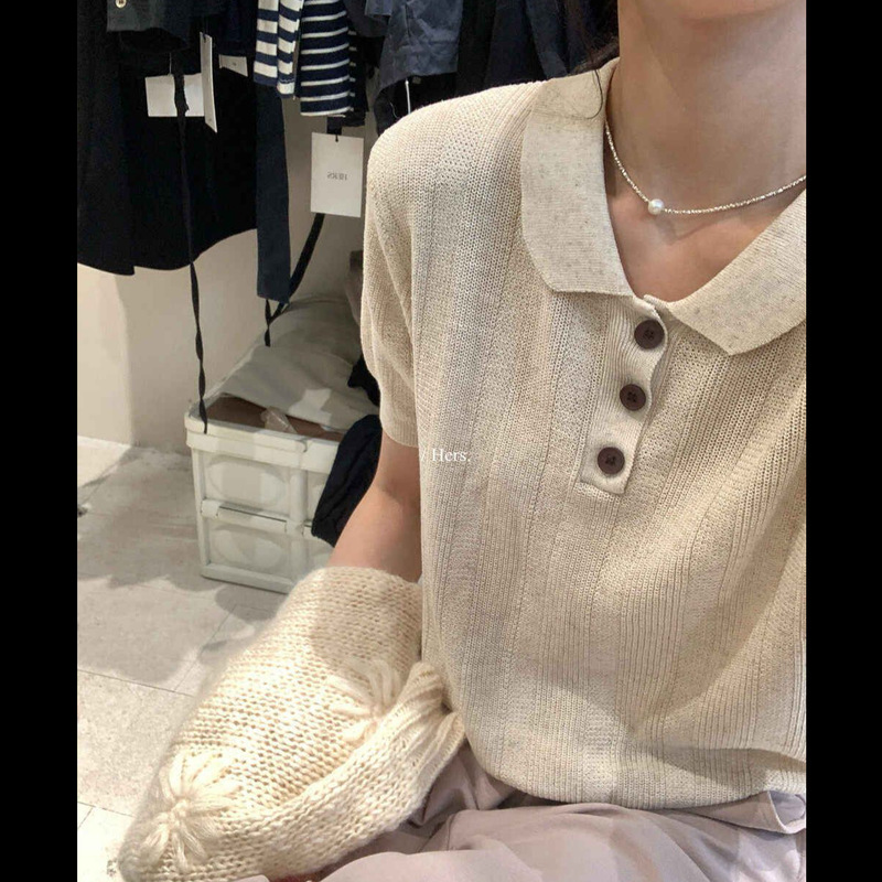 High-End Textured Retro Ice Silk Polo Shirt, Spring and Summer Loose Fit, Stylish Short-Sleeve, Regular Shoulder Knit Top