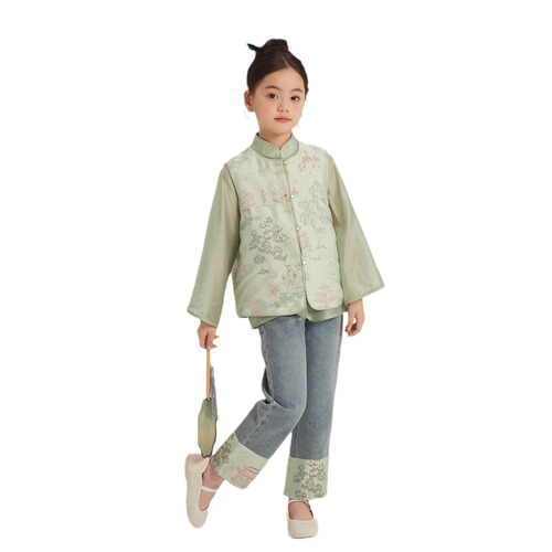 2024 Spring New Style Children's Western Style Shirts Chinese Style Vest Girls New Chinese Style Embroidered Vest Jacket Two-piece Set