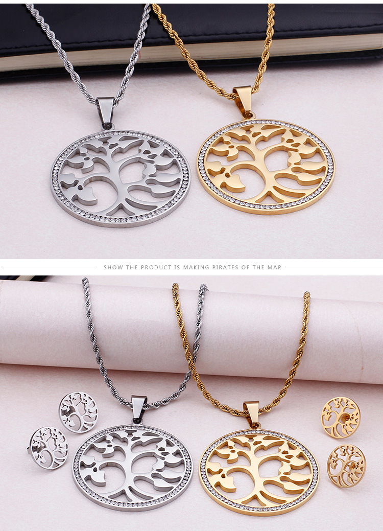 simple tree of life hollow stainless steel necklace earring set wholesale Nihaojewelry