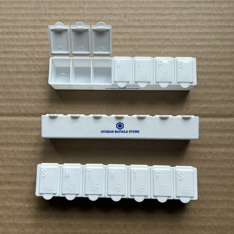 热销美国市场 小号刻字7格药盒 食品级七格药盒 带盲文一周药盒