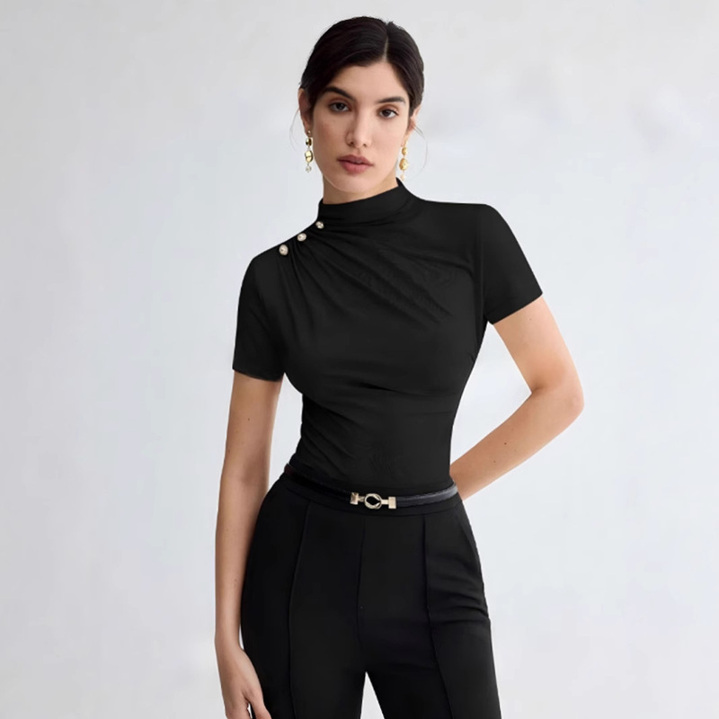 Cross-border solid color business women's summer solid color elegant pleated short sleeve T-shirt