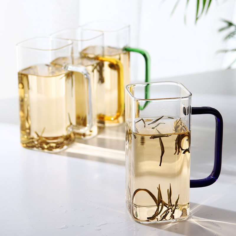 厂家批发高硼硅玻璃方形直把手水杯 泡茶杯茶具绿茶杯直把手ins风
