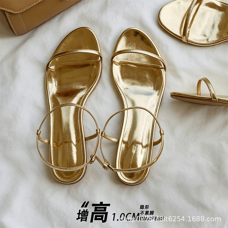 Sheepskin Version~Roman Style Gold-Colored One-Strap Fashion Sandals, Beautiful Summer Flat Open-Toe Simple Roman Women's Shoes