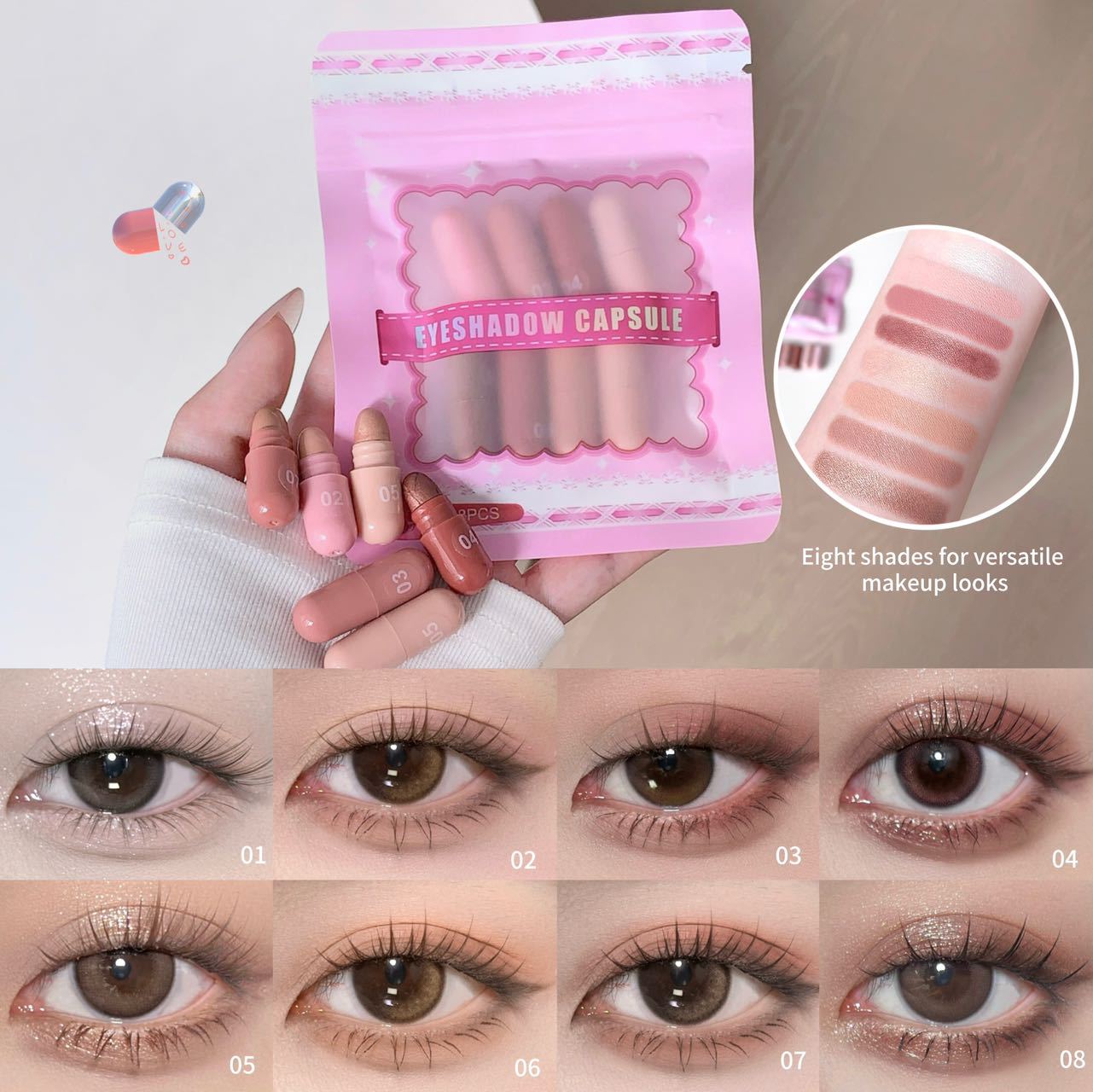 【Cross-Border Exclusive】Sweet Sparkle Capsule 8-Color Eyeshadow Capsule High-Shine Fine Glitter Brightening Eye Makeup Wholesale
