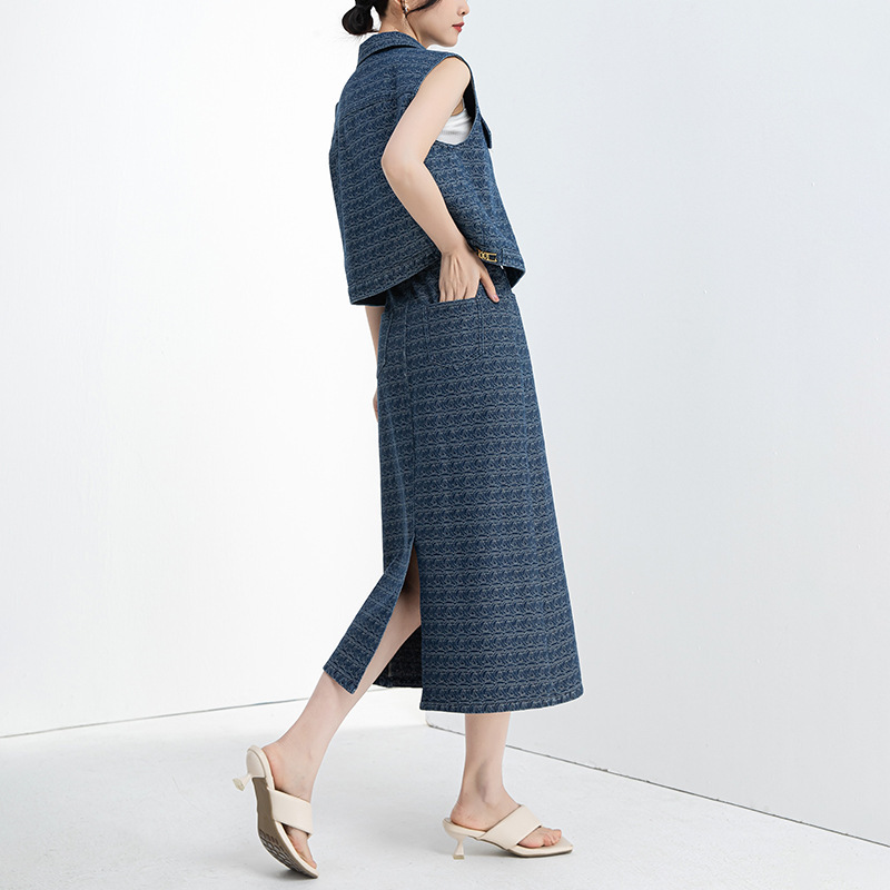 Xinge 2025 spring and autumn new [vest overskirt suit] temperament slim design sense jacquard Denim suit