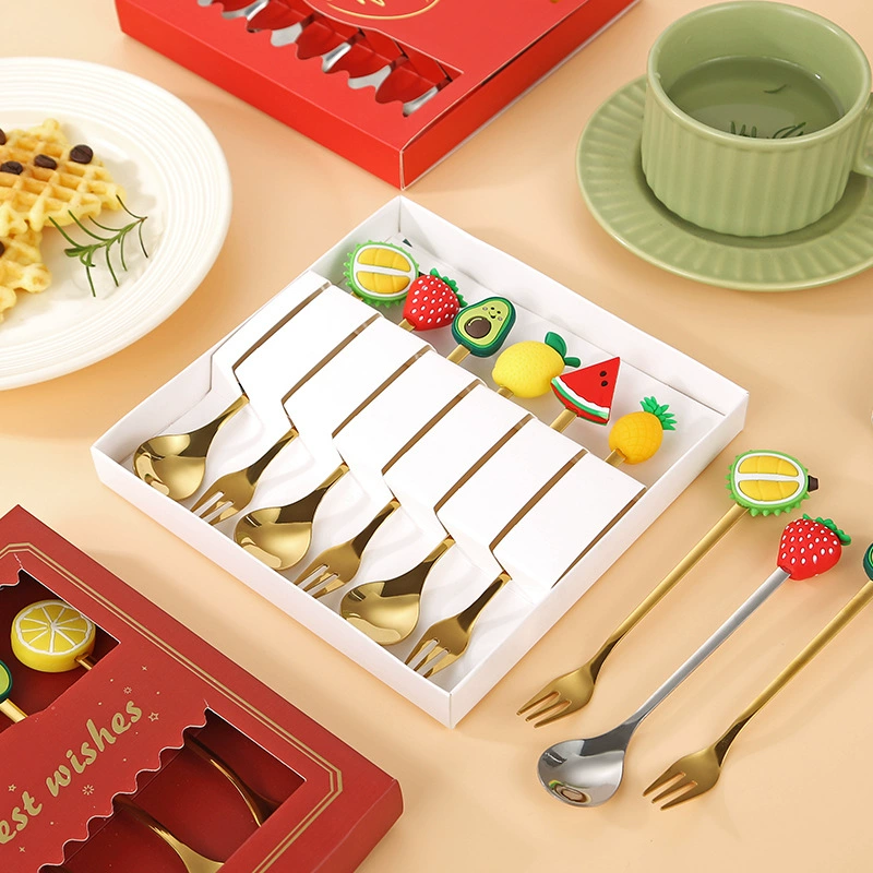 Набор детской рождественской посуды из нержавеющей стали: вилка, ложка, кофейная ложка, десертная вилка для торта, мультяшный дизайн, для трансграничной торговли