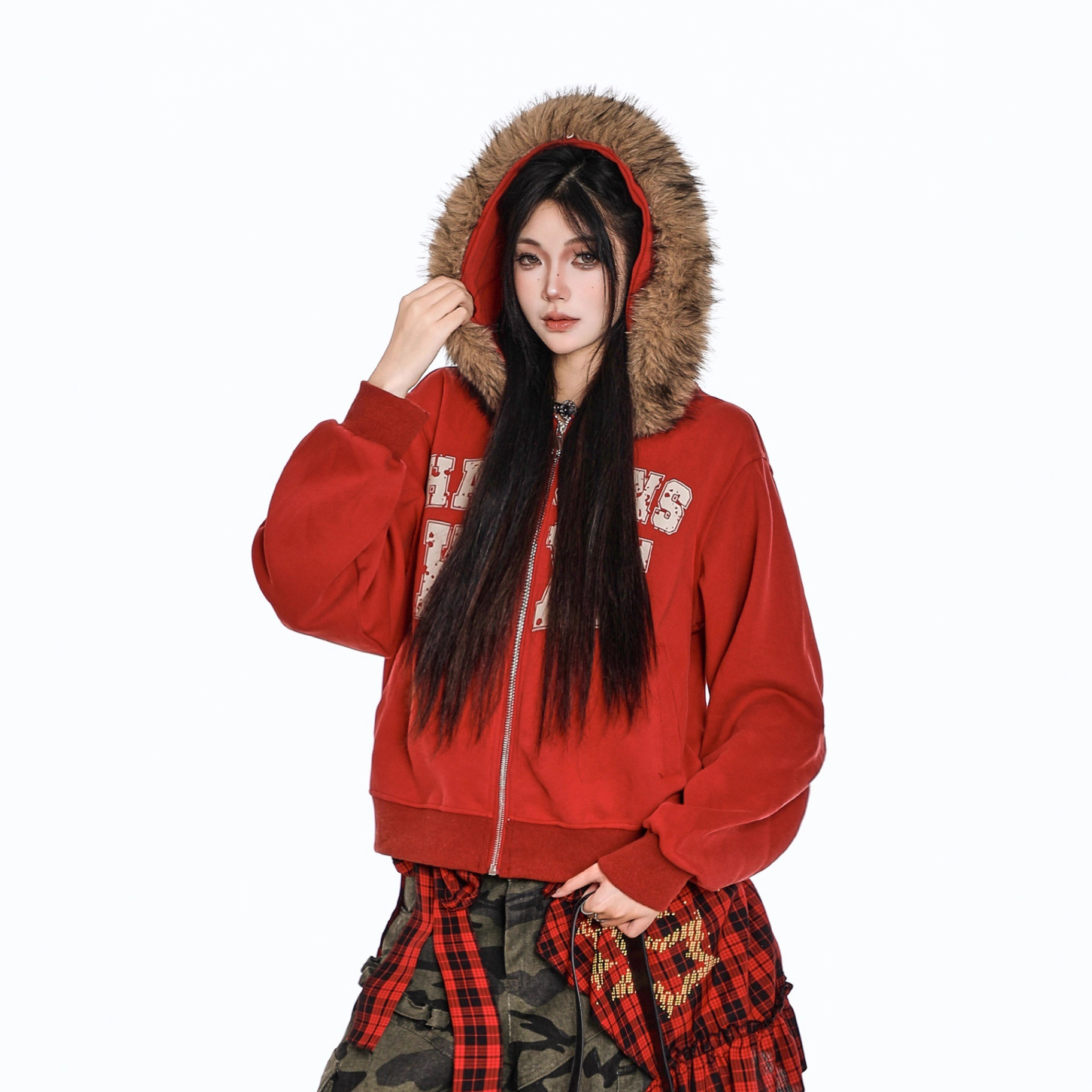 街头嘻哈毛领字母印花连帽卫衣女秋冬季慵懒风显瘦拉链开衫短外套