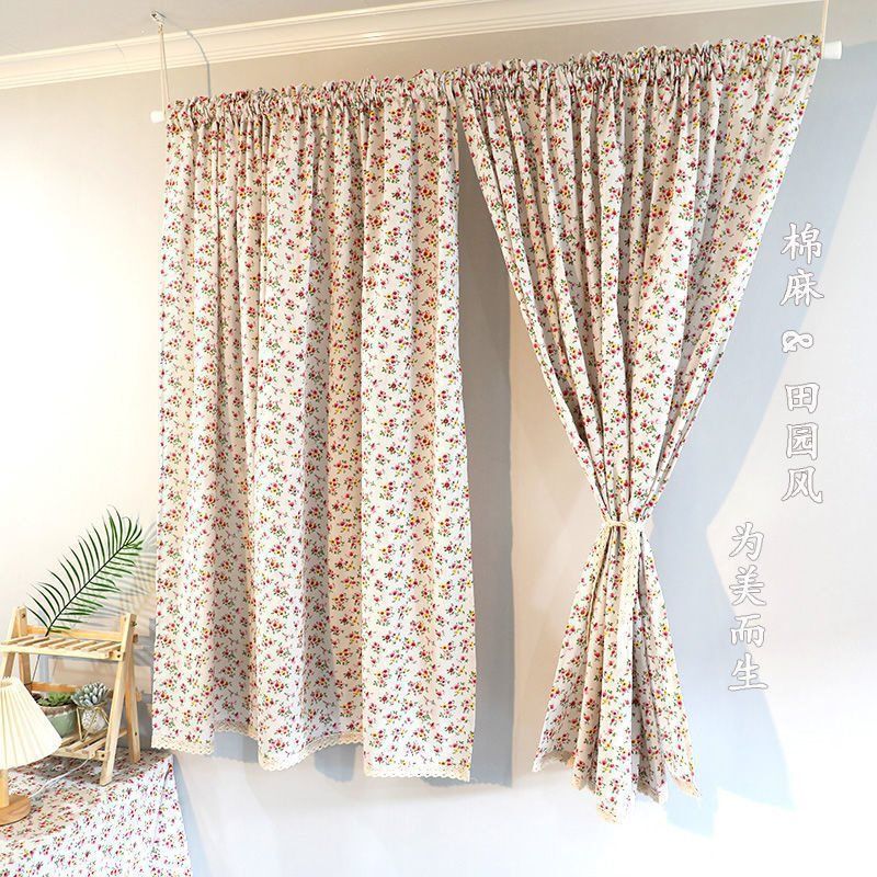 Floral Curtain Red Velcro Net Curtain Cloth Curtain Shielding Foreign Trade Curtain American Pastoral Style Small Cotton and Linen Balcony