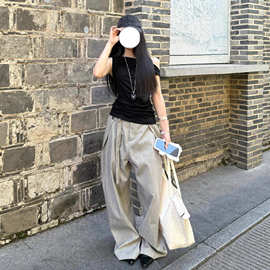 美式高街休闲裤男秋冬款亚麻纹复古直筒西裤松弛感宽松阔腿长裤