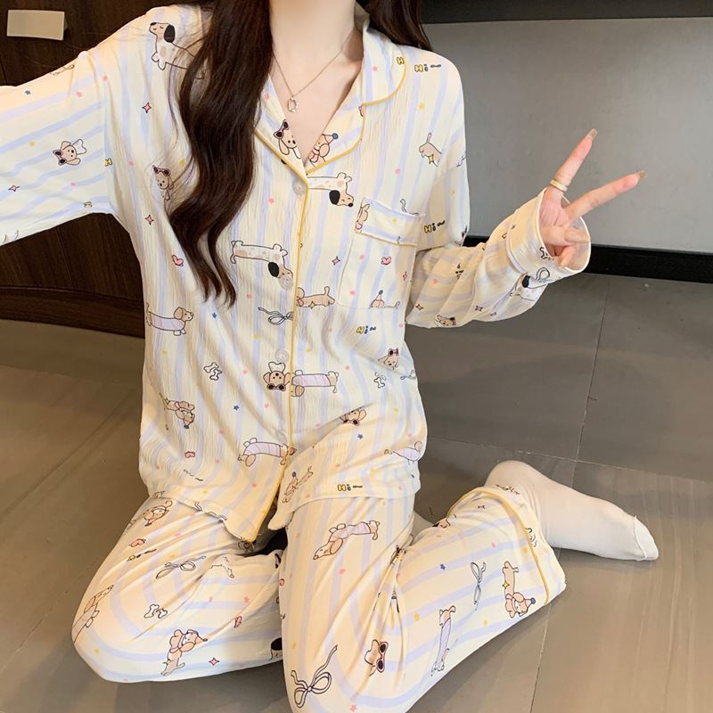 韩系高颜值ins风条纹小狗皱布睡衣女春秋季家居服套装可外穿批发|undefined