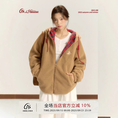 iNSLiiSA羊羔毛拼格子美拉德连帽拉链外套女秋冬季加厚外套开衫