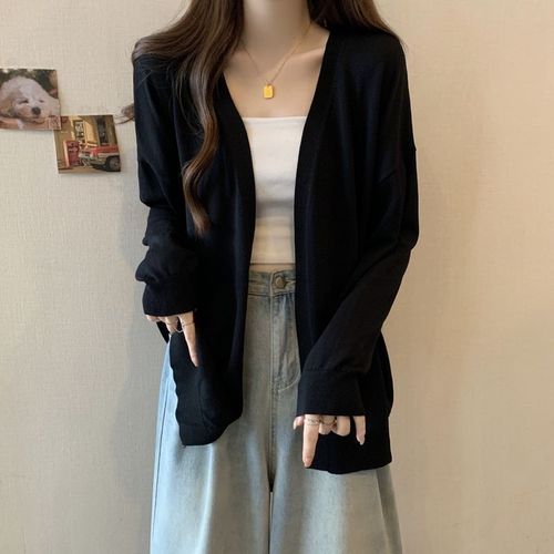 Retro chic, effortless loose thin long-sleeved knit sweater, slimming sun protection jacket, shawl-style outerwear, layering air conditioning shirt