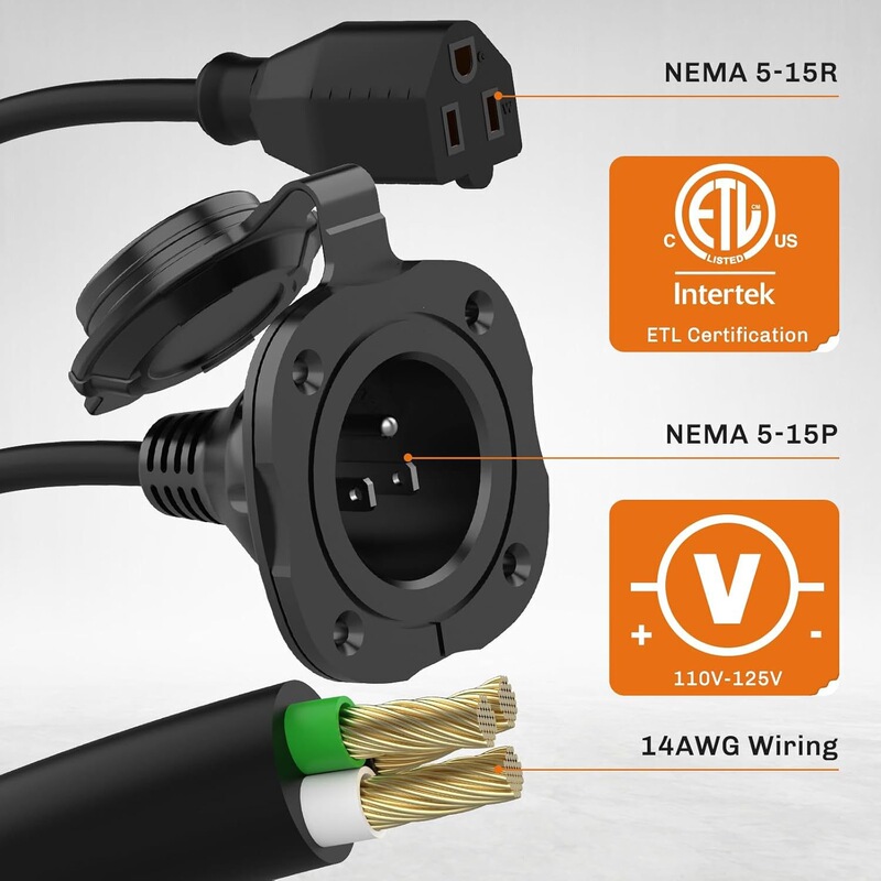 Integrated Outdoor Extension Cord Ac Port Plug 125V Power Socket Waterproof Power Socket Box