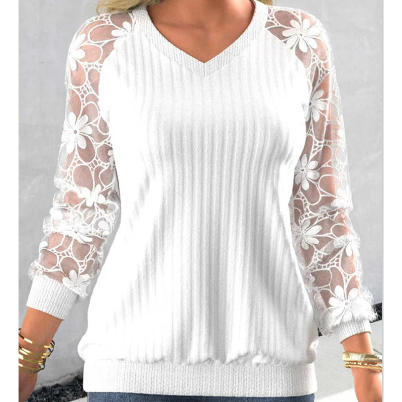 Women's Clothing 2024 autumn and winter new solid color lace transparent long sleeved sweater_voghion.com