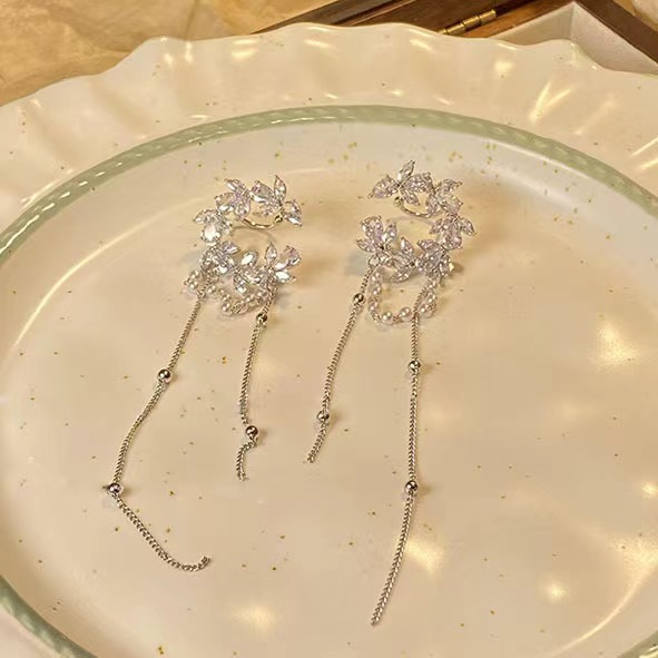 Special Offer: Silver Needle Crescent Flower Leaf Ear Cuff, Long Round Bead Chain Tassel Pearl Ear Cuff, Makes the Face Look Slimmer