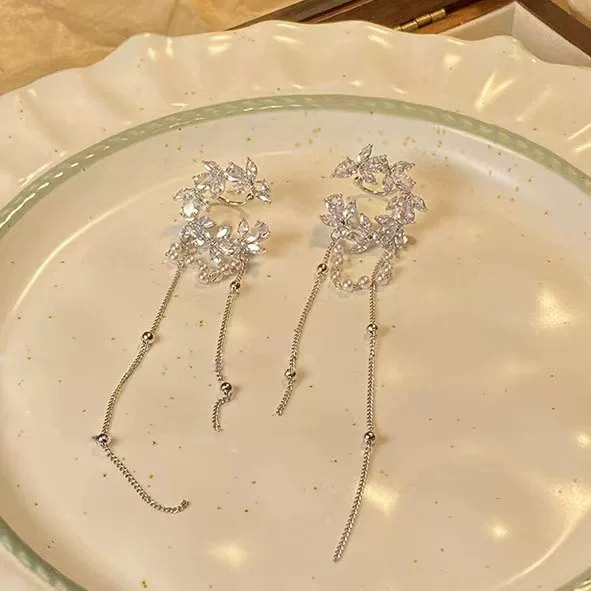 Special Offer: Silver Needle Crescent Flower Leaf Ear Cuff, Long Round Bead Chain Tassel Pearl Ear Cuff, Makes the Face Look Slimmer