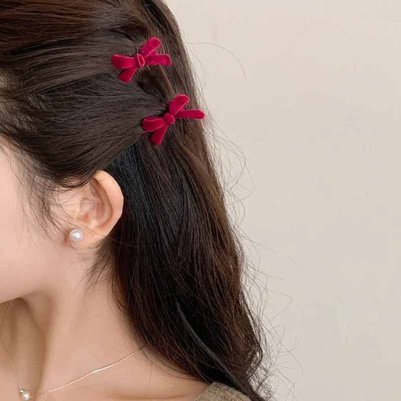 Rojo flocado lazo pequeño clip de agarre para mujer Año Nuevo Cabeza de princesa clip lateral flequillo clip de cabello roto tocado horquilla