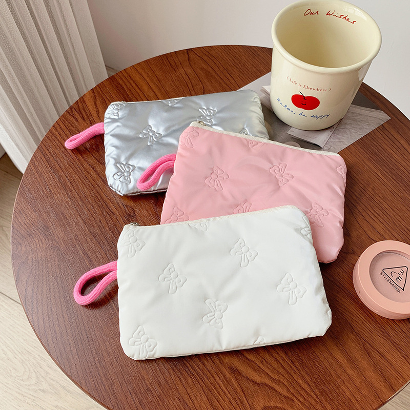 ins リボンシルバー光沢のある化粧品袋小さなポータブルかわいいヘッドフォンデータケーブル収納袋小銭入れ|undefined