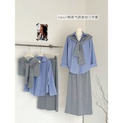 韩系学院风宽松减龄三件套女2025早秋长款半身裙披肩条纹衬衫套装