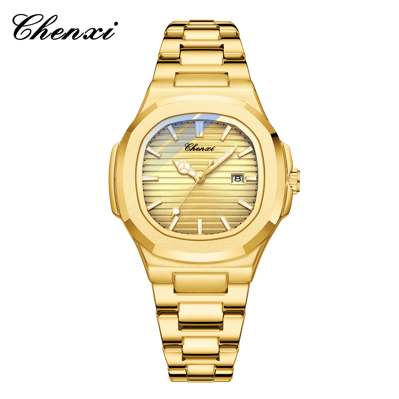 Chenxi transfronterizo venta caliente correa de acero reloj pareja luminosa impermeable simple moda negocio calendario hombres y mujeres reloj de cuarzo
