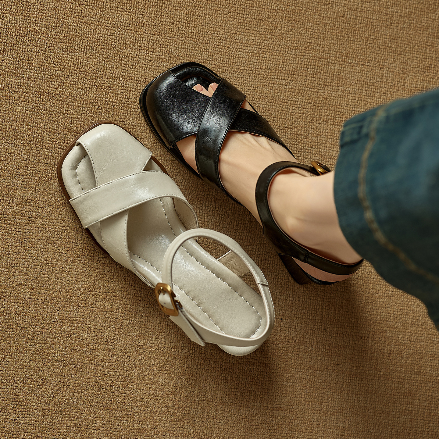 Sandal nữ da bò kiểu Pháp đế mềm thấp gót đi làm mùa hè — đen