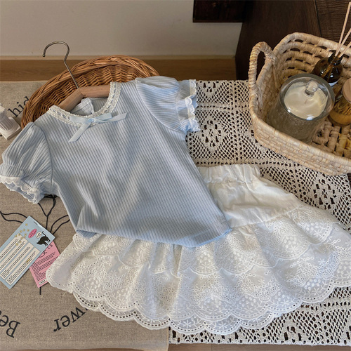 Korean Children's Summer 2024 New Bubble Sleeve Short-Sleeve T-Shirt and Lace Skirt Two-Piece Set