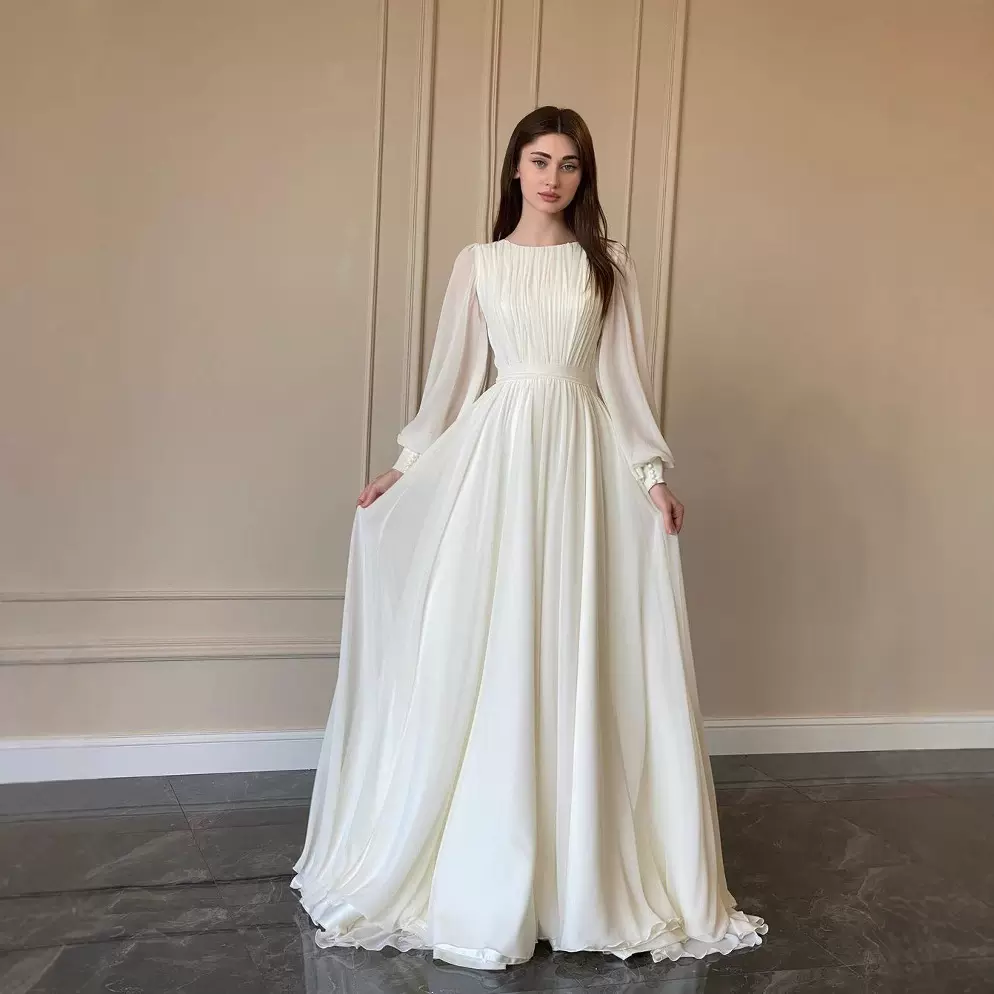 2025欧美新款亚马逊 时尚灯笼珠光纱白色婚纱圆领礼服气质连衣裙