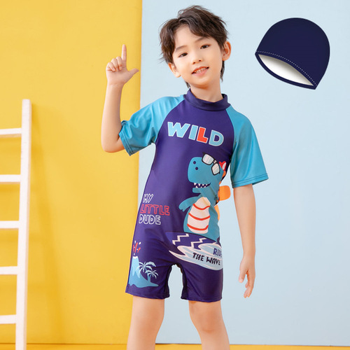 Cartoon children's swimsuit one-piece for boys, medium and small children, short-sleeved shorts swimwear for babies, boys, conservative swimming suit, stylish
