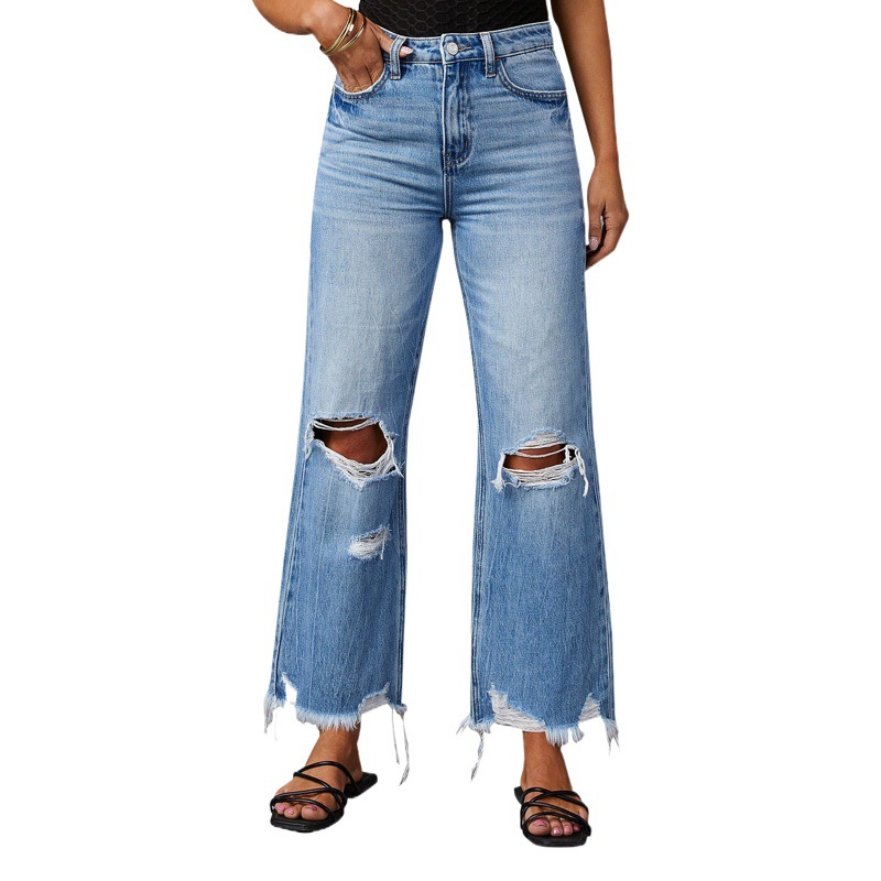 2025 nuevos pantalones anchos transfronterizos borlas, pantalones vaqueros de cintura alta con agujeros teñidos anudados lavados, pantalones casuales rectos, mujeres