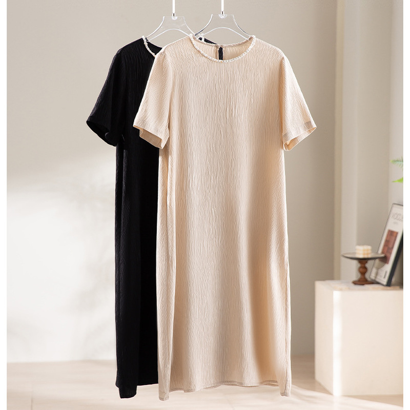 22 Momme Heavy Crepe Chanel-Style Beaded Silk Dress for Women, Elegant and Luxurious Summer Long Dress