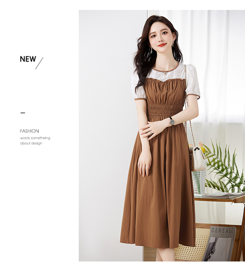 Váy chữ A tay phồng eo thon ren ghép giả hai mảnh Z8838 — Màu đen, Màu caramel chi tiết 9
