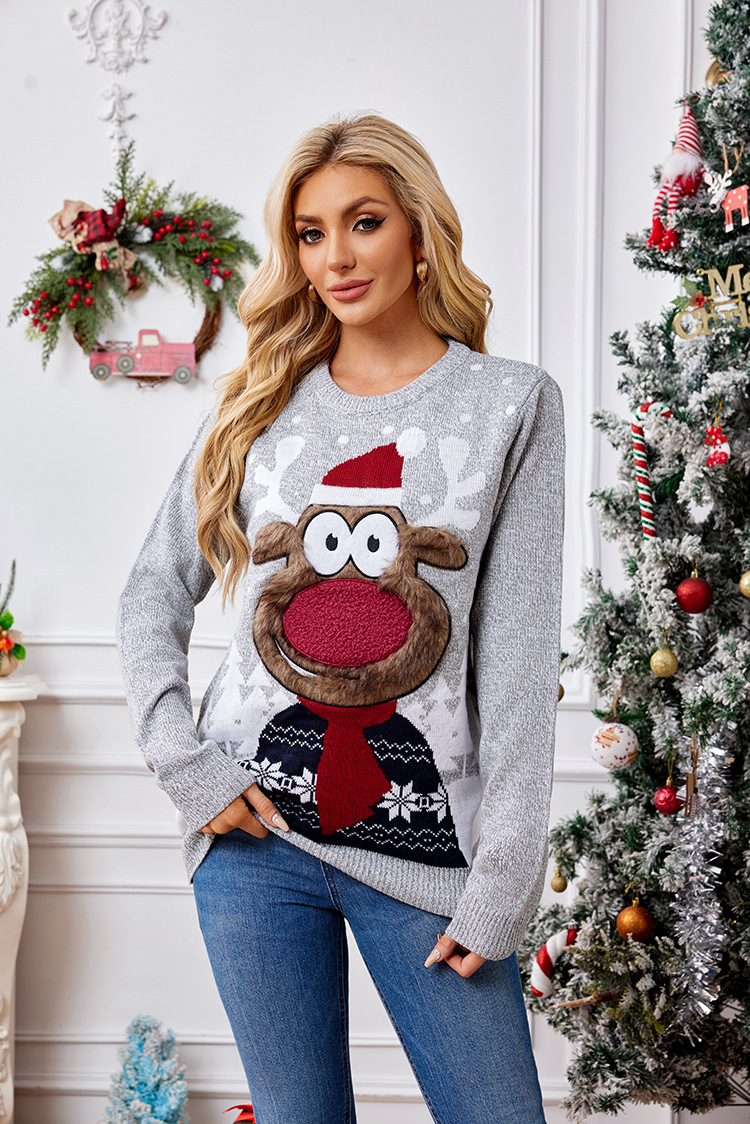 Vêtements pour femmes, pull ample et décontracté, vêtements parent-enfant, pull tricoté, automne et hiver, lumières colorées, pull gris, pull de Noël_voghion.com