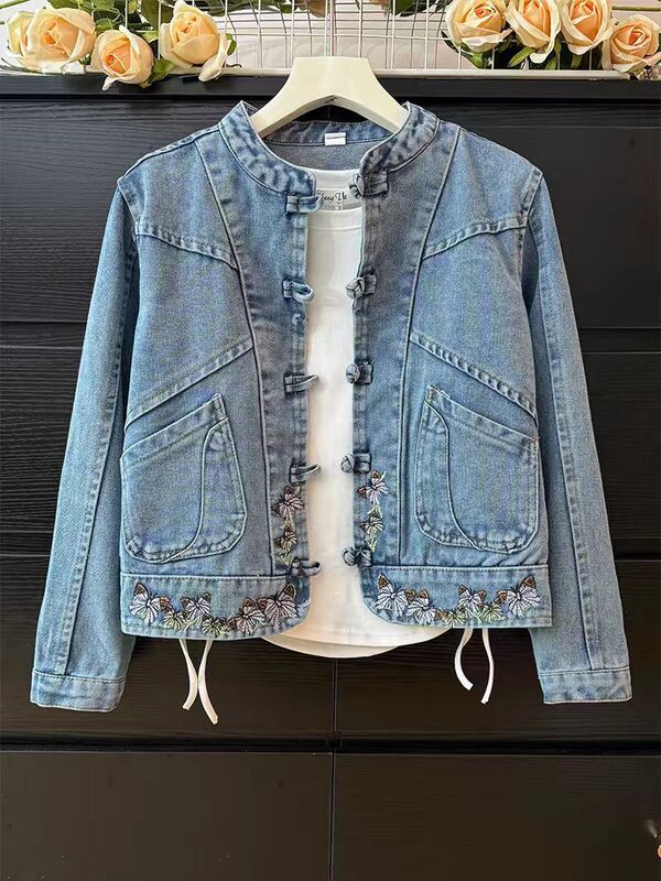 Chinese Style Women's Clothing 2025 New Early Spring New Chinese Style Embroidered Disc Button Design Short Denim Shirt Jacket Retro Top