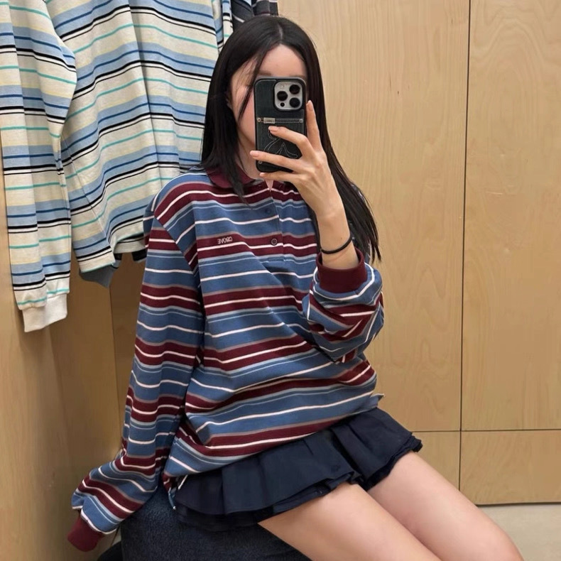 gro*ve重工高版本车静媛杨采钰同款复古撞色条纹翻领宽松长袖女|undefined