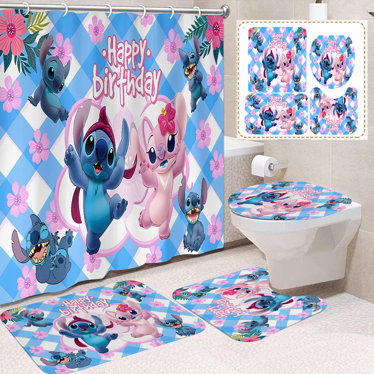 Venta directa de fábrica lindo baño de dibujos animados de cuatro piezas cortina de ducha impermeable cortina de ducha sin perforación cortina de partición de baño de baño