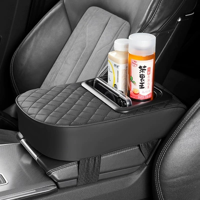 Car Armrest Box Heightening Pad, Armrest Cushion, Central Armrest Pillow, Water Cup Holder, Integrated Storage, Car-Mounted Leather Material (Armrest box pad) - armrest-black