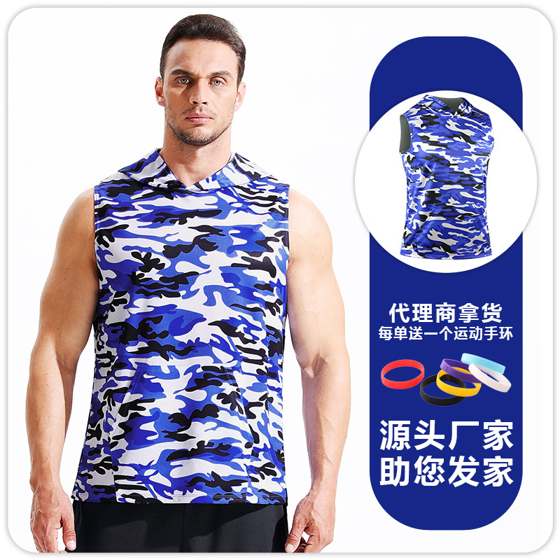 Chaleco con capucha de camuflaje para hombre, camiseta estampada transpirable de secado rápido, top sin mangas informal holgado para correr maratón image 12