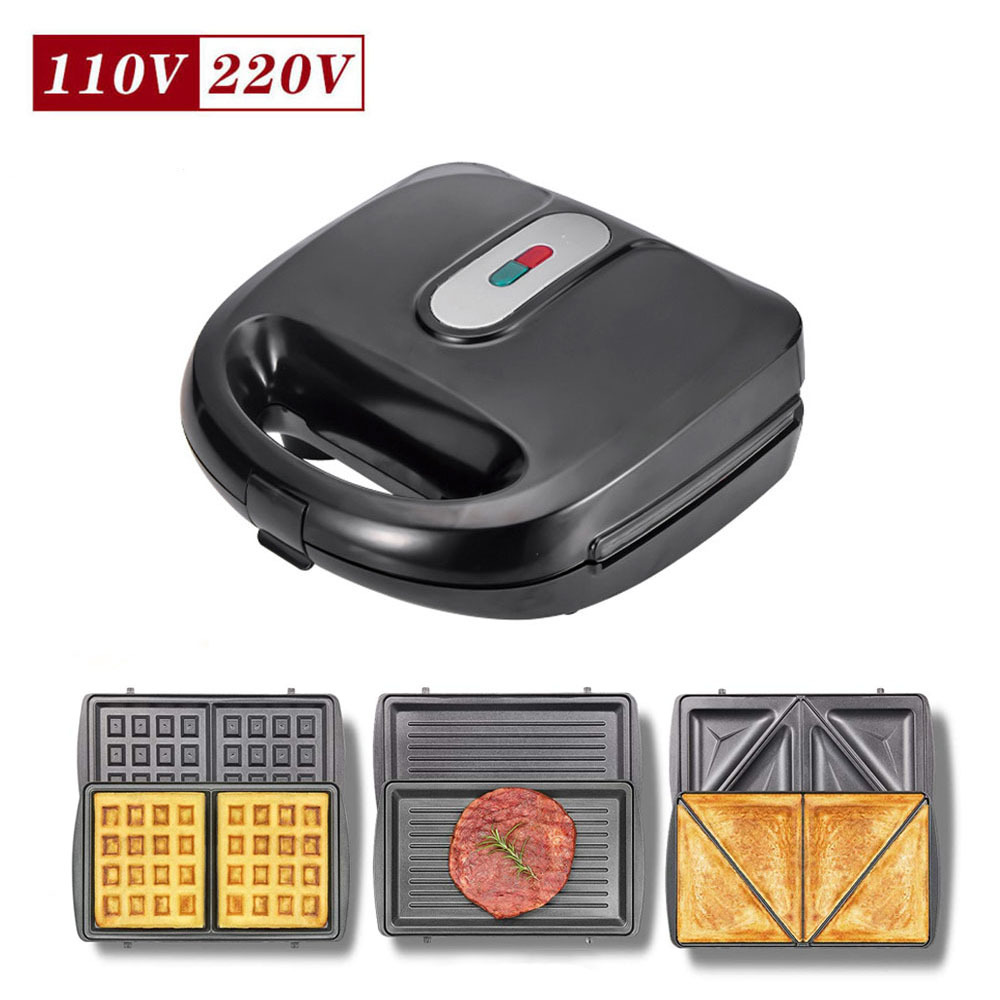 Estándar americano tres en uno sandwichera waffle máquina de calefacción eléctrica para hornear pan máquina de barbacoa máquina de filete Panini máquina de desayuno