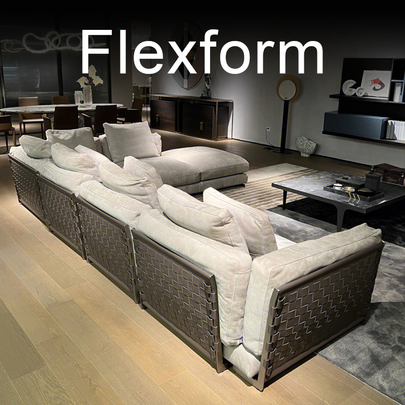 Flexform Italian designer steel frame woven sofa, large flat furniture minimalist leather corner sofa
